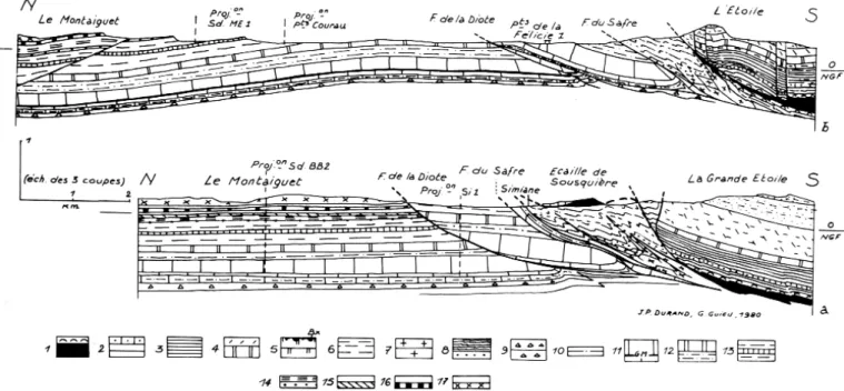 Fig. 2.- Sections through the southern edge of the basin, at the level of the Etoile thrust (from Durand &amp; Guieu, 1980).