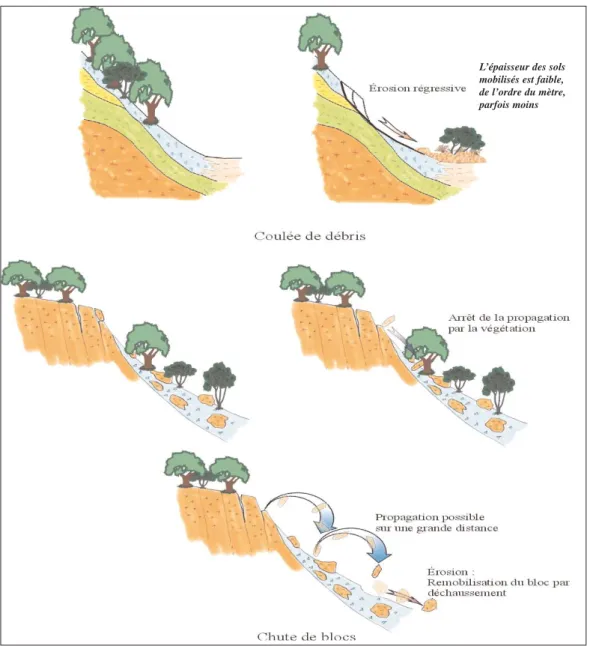 Fig. 1.- Exemples de mouvements de terrain par érosion régressive ou chutes de blocs (terrains sédimentaires ou métamorphiques).