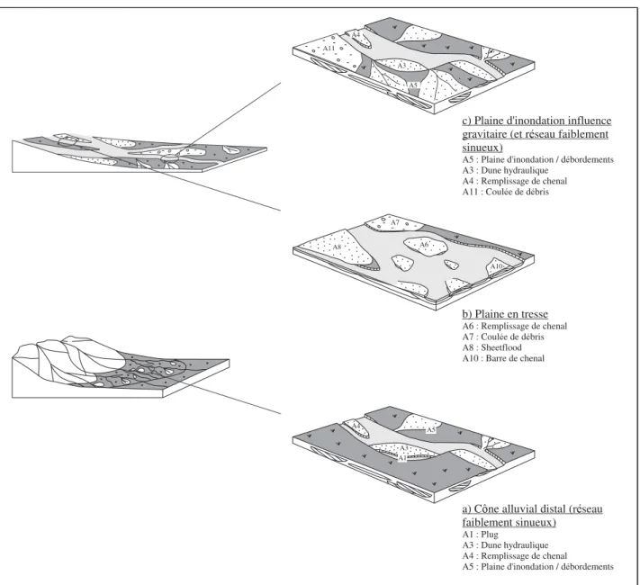 Fig. 8 - Caractérisation des environnements de dépôts : a) Ensemble I, cône alluvial distal (réseau faiblement sinueux)