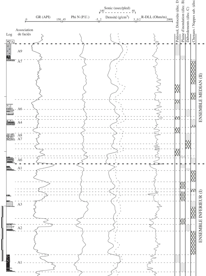 Fig. 9 - Caractérisation diagraphique des faciès sédimentaires (puits P1) basée sur le calage carotte/diagraphie
