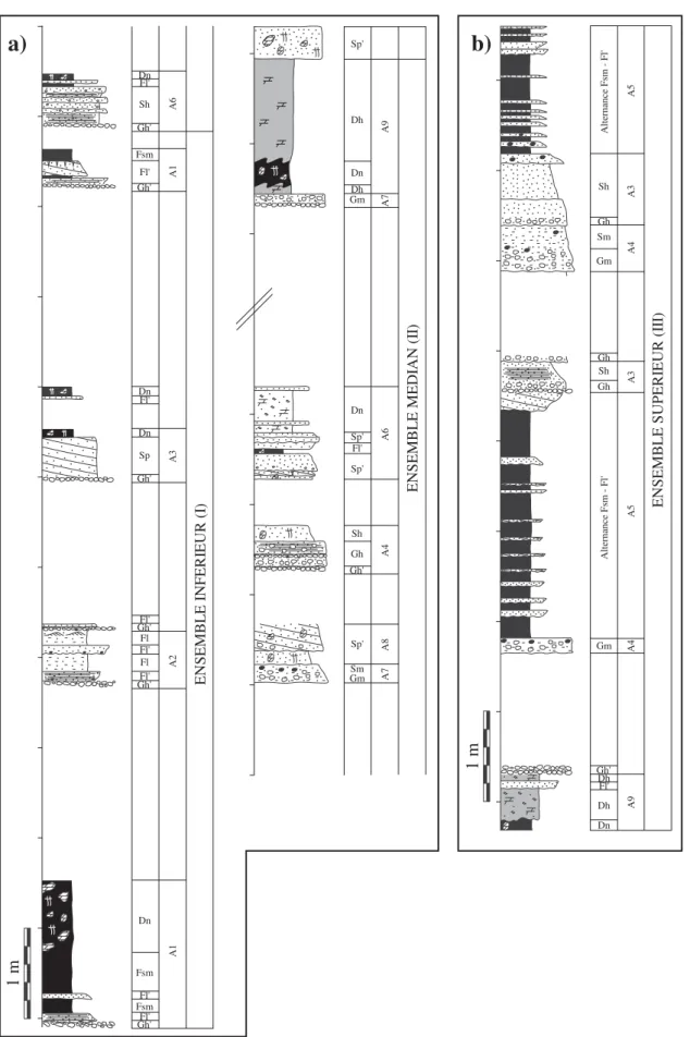 Fig. 7 - a) Log sédimentologique du puits P1, faciès et associations de faciès des ensembles I et II