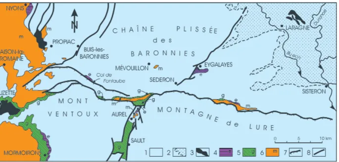 Fig. 1 - Localisation du domaine subalpin des Baronnies. Traits structuraux majeurs et affleurements des terrains tertiaires