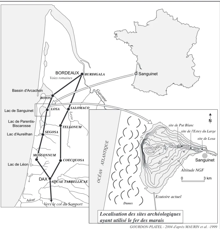 Fig. 1 - Situation des découvertes de matériaux ferrifères dans la partie orientale du Lac de Sanguinet.