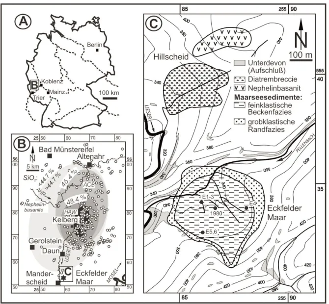 Fig. 1A-C.- Eckfeld Maar volcanic complex. Fig. 1A: General location. Fig. 1B: Tertiary Hocheifel Volcanic Field: AOB = Alkali-Olivine Basalts, HAW = Hawaiites