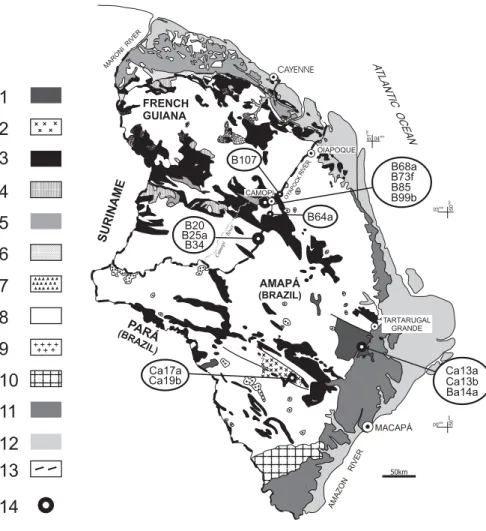Fig. 3.- Simplified geological map of the easternmost part of the Guiana shield (French Guiana and Amapá State, Brazil)