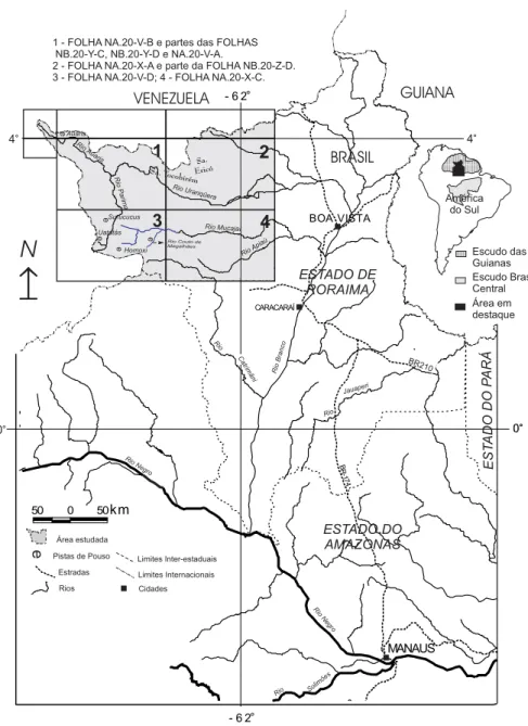 Fig. 1.- Localização e acesso da área de trabalho. Em detalhe as folhas cartográficas na escala de 1:250.000 que cobrem o oeste de Roraima.