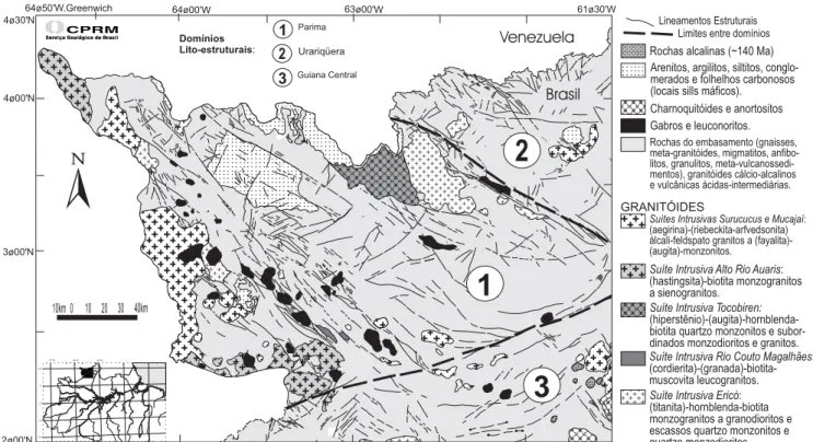Fig. 2.- Mapa geológico simplificado do oeste de Roraima, incluindo os domínios litoestruturais propostos por Reis &amp; Fraga (2000)