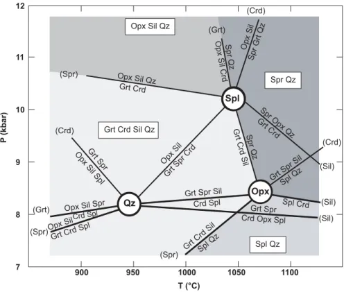 Fig. 5.- P-T diagram of the model FMAS system grid for low fO 2 pelite (after Harley, 1998)