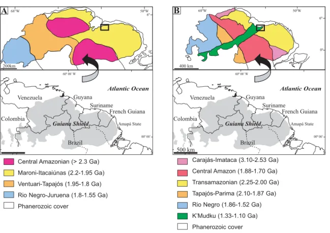 Fig. 1.- Sketch maps of the Guiana Shield according to A) Tassinari et al. (2000), and B) Santos et al