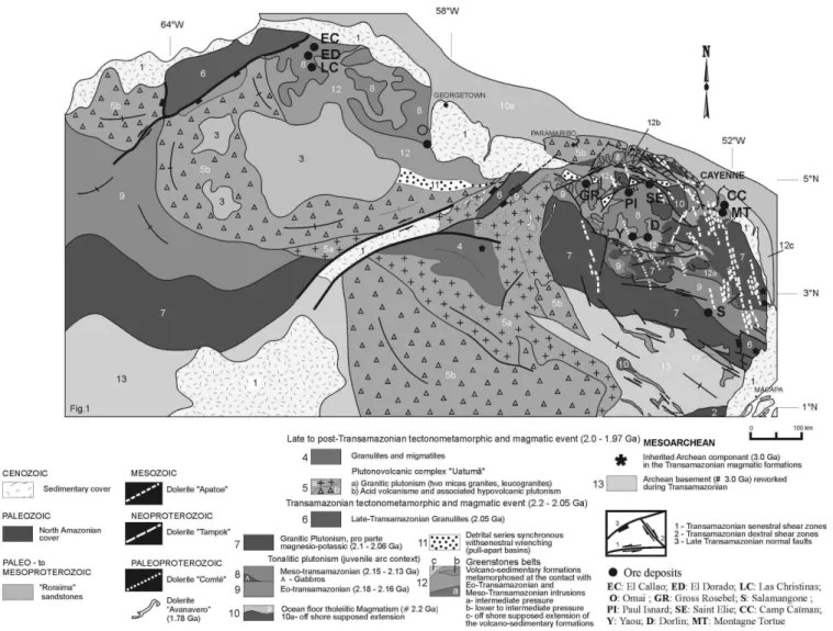 Fig. 1.- Geological sketch map of the Guianas showing the location of the main gold deposits (after Delor et al., 2003a).