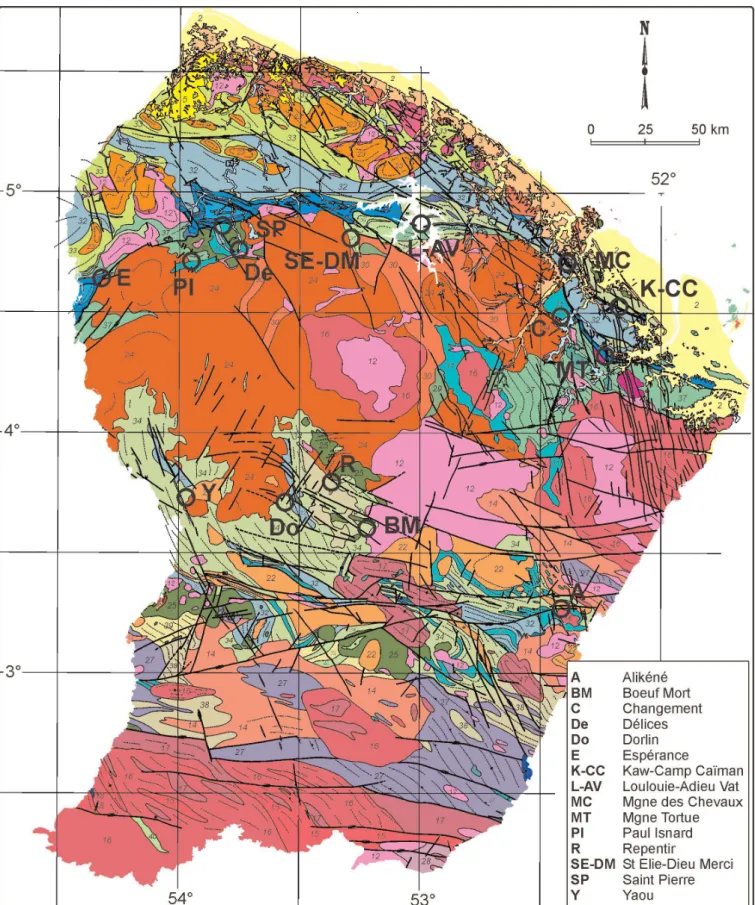 Fig. 2.- Location of the main gold deposits on the geological map of French Guiana (after Delor et al., 2001, 2003 b).