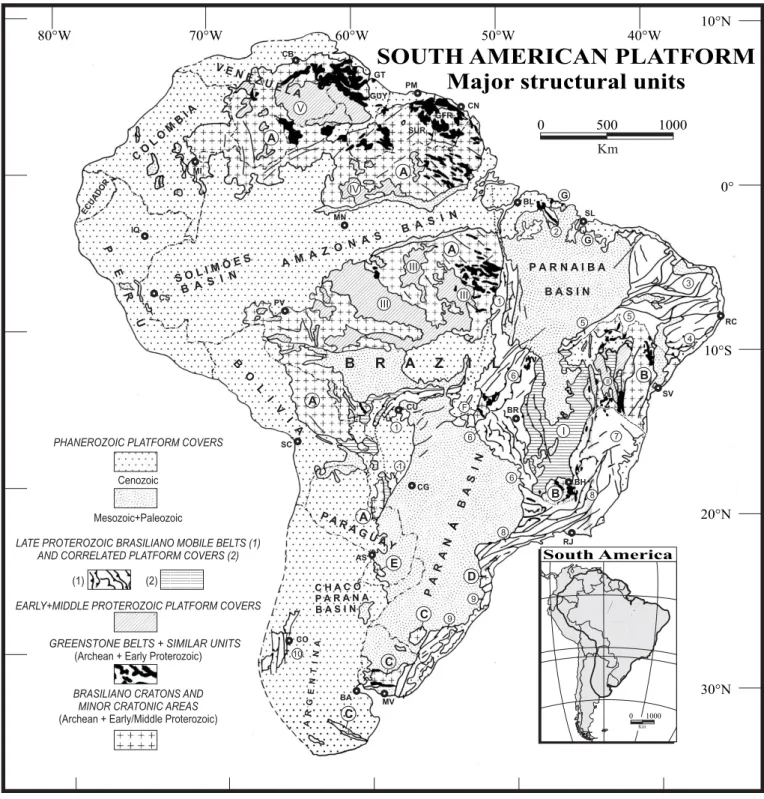 Fig. 1.- Major structural units of the South American Platform. Brasiliano cratons and minor cratonic areas: Amazonian (A), São Francisco (B), Rio de La Plata (C), Luís Alves (D), Tibicuary  (E), Central Goiás (F), São Luís (G)