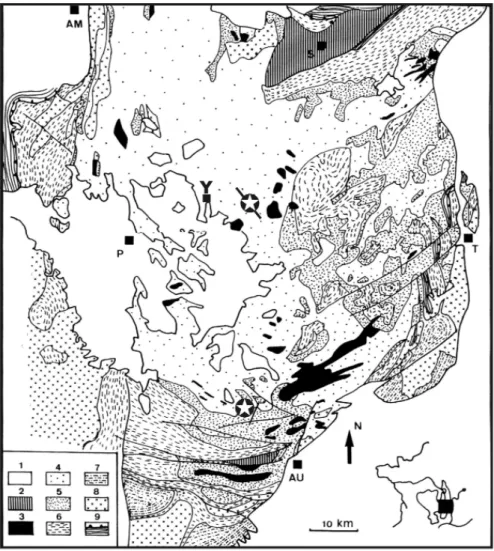 Fig. 1.- Geological sketch map of Velay showing the location of the studied samples: Charron microgranite in the core, Montasset microgranite in the south