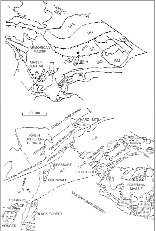 Fig. 1.- Geological sketch map and location of the Soultz monzogranite in the Variscan Saxo-Thuringian zone (after Franke, 1989a, simplified).