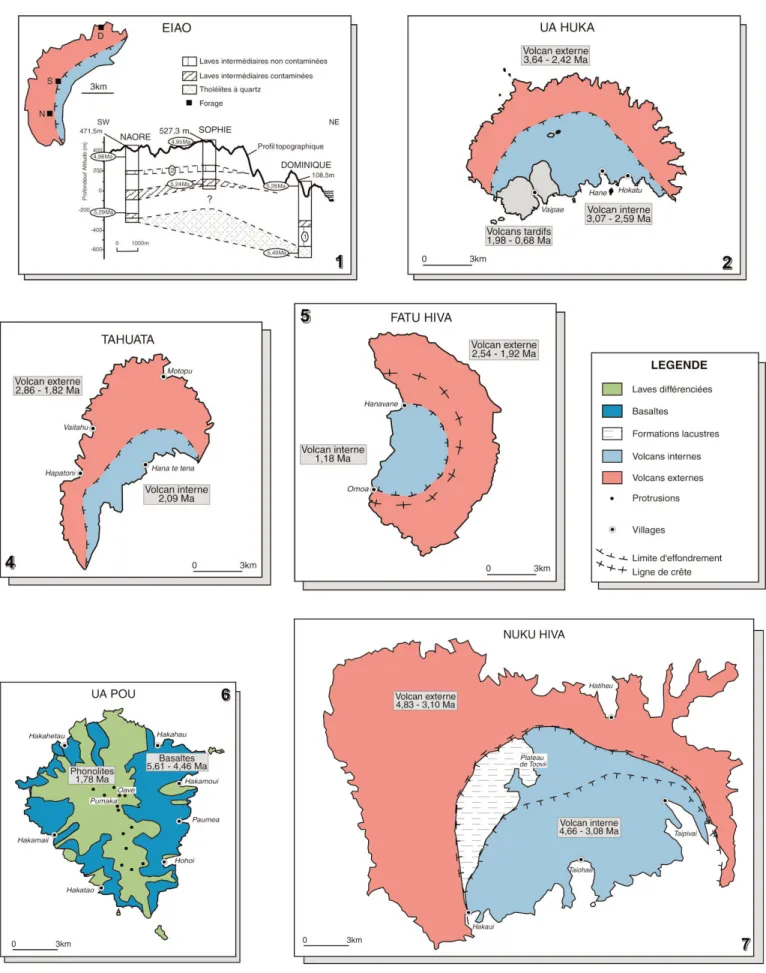 Fig. 1.- Carte générale de l’archipel des Marquises avec la bathymétrie, la localisation des différentes îles avec leurs principales structures et l’âge des formations qui les constituent.