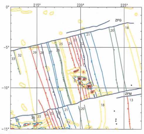 Fig. 2.- Numbered magnetic lineations, fracture zones and bathymetry of the Marquesas region.