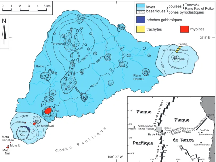 Fig. 1.- Carte géologique simplifiée de l’île de Pâques (modifiée d’après Baker et al., 1974) ; en cartouche : l’île de Pâques dans l’est de l’océan Pacifique (d’après Hagen et al., 1990).