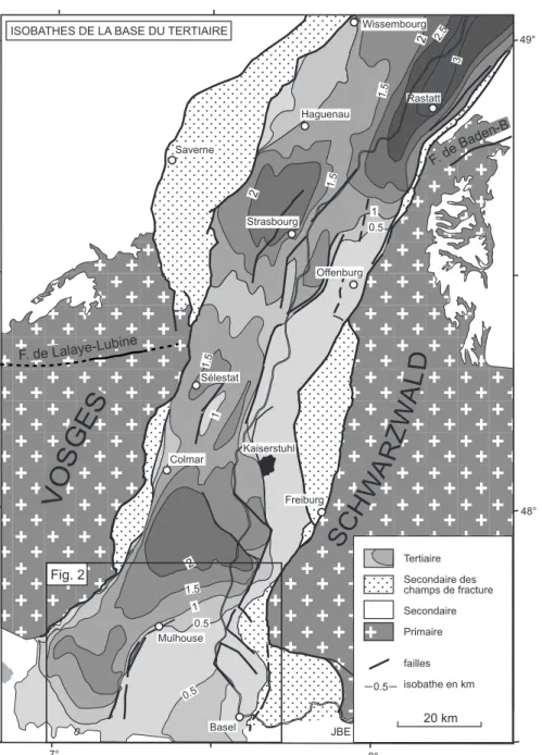 Fig. 1.- Carte des isobathes de la base du Tertiaire dans la partie sud du Fossé rhénan supérieur, d’après Doebl (1970), CEC (1979), Papillon (1995), Lutz (1999).