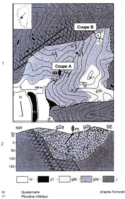 Fig. 1.- Cartographie (1) et coupe interprétative (2) du bassin oligocène supérieur du Vazzio