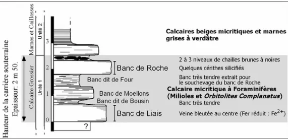 Fig. 3.- Log de la carrière Saint-Julien à Courville (51) avec dénomination des différents bancs