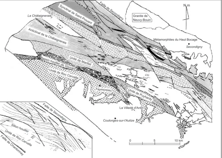 Fig. 1.- Carte géologique de la partie orientale du synclinorium de Chantonnay, dans l’encart, schéma structural : schistosité et décrochements hercyniens (adapté d’apres Bouton 1990).