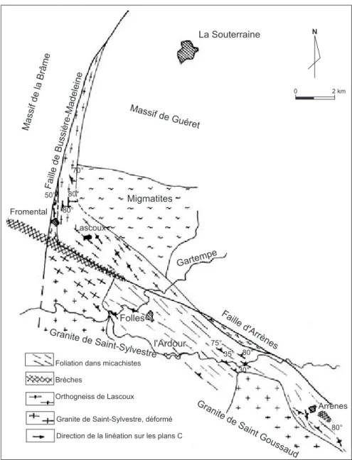 Fig. 10.- Carte schématique de la zone d’intersection des failles d’Arrènes et de Bussière-Madeleine (Rolin, 1987)