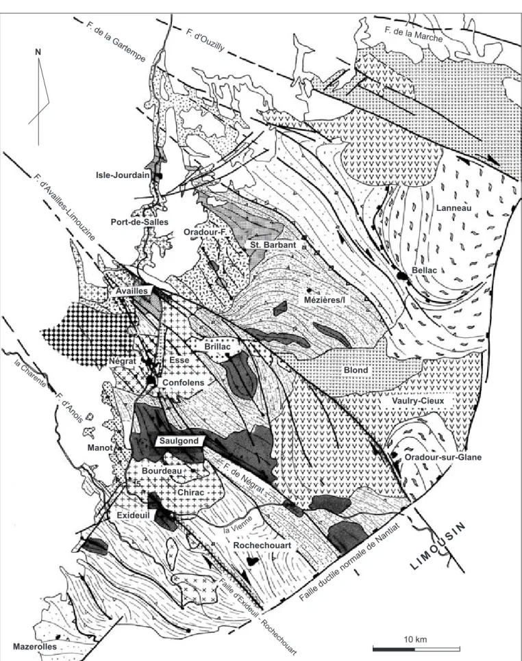 Fig. 11.- Schéma structural du Confolentais localisant les grandes unités magmatiques
