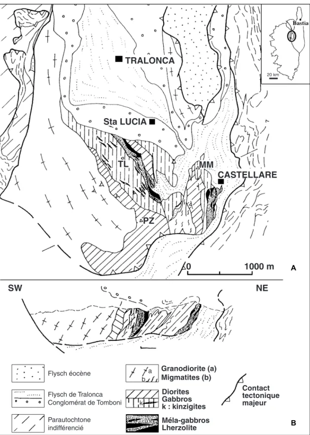 Fig. 1.- Carte géologique simplifiée de la région de Corte (A) et coupe schématique montrant la superposition des différentes unités (B)