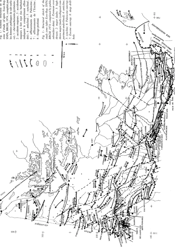 Fig. 1.- Schéma structural de la zone d’étude (d’après Esso-Rep, SNPA, BRGM, 1974; complété par les données publiques de sub-surfa- ce)