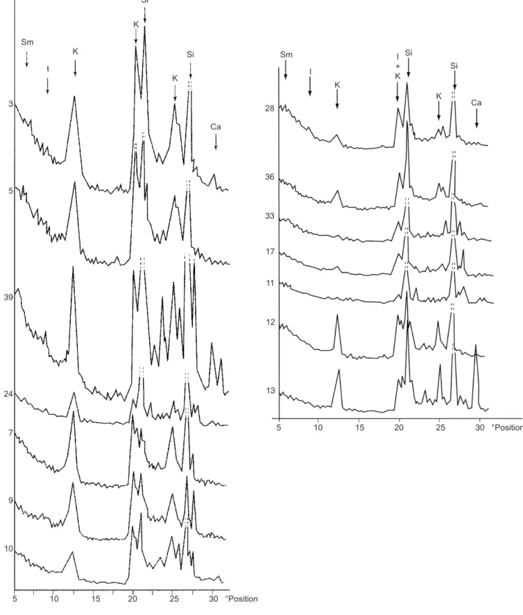 Fig. 6.- Spectres de diffraction des rayons X obtenus sur la fraction < à 40 µm des échantillons localisés sur la figure 1.
