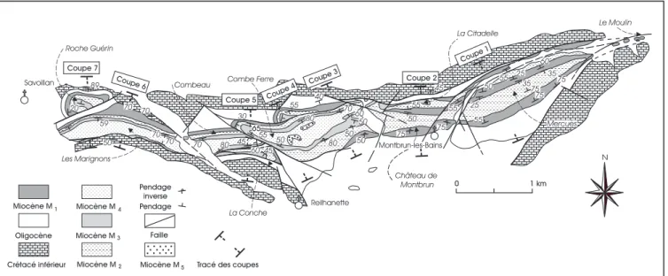 Fig. 4.- Carte géologique simplifiée du secteur de Montbrun-les-Bains (d’après Garnier, 1999), avec localisation des coupes de la figure 18.