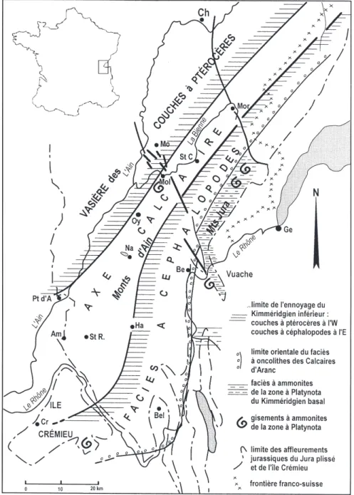 Fig. 2.- Facies map of the Oxfordian-Kimmeridgian boundary in the Southern Jura and position of the main localities and geographical units mentioned in the text