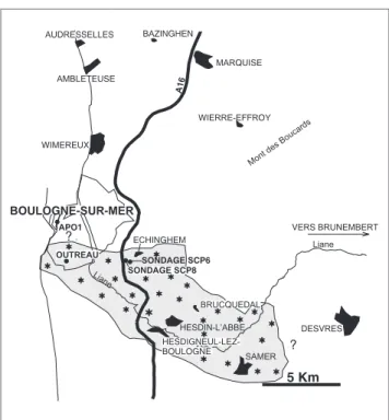 Fig. 6.- Extension géographique des faciès corolliens du Calcaire de Brucquedal, d’après une compilation bibliographique