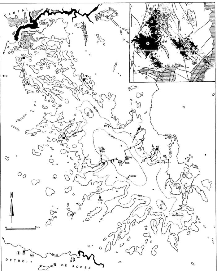Fig. 1. - Carte d ensemble du plateau basaltique de l’Aubrac, Localisation des échantillons datés (voir aussi fig