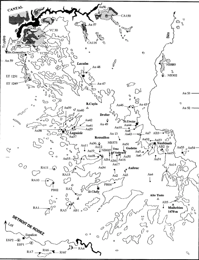 Fig. 6. - Carte d ensemble du plateau basaltique de l’Aubrac. Localisation des échantillons datés (les numéros renvoient aux ta¬