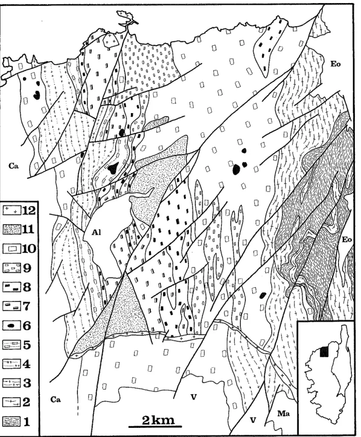 Fig. 1. - Carte géologique du complexe d Ile-Rousse (Laporte, 1987 ; Orsini et ai, 1987)
