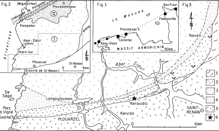 Fig. 1. - Place du massif g anitique de F Aber-Ildut dans la ceintu e batholitique des granités rouges d Armo ique septentrionale.