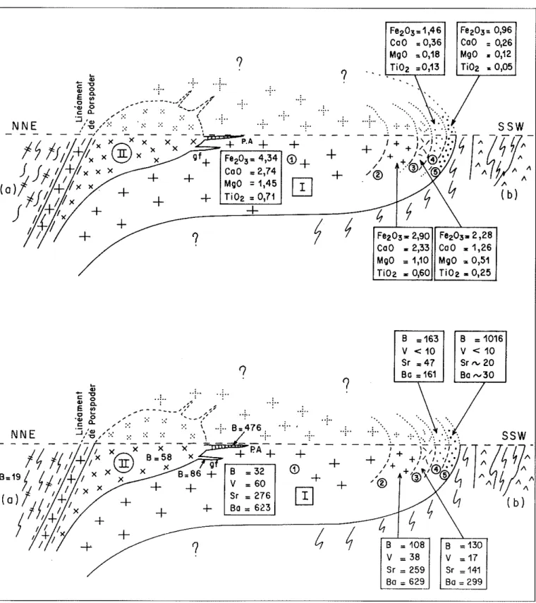 Fig. 4 a et 4 b. - Coupe semi-schématique interprétative du pluton polyphasé de l Aber-Ildut