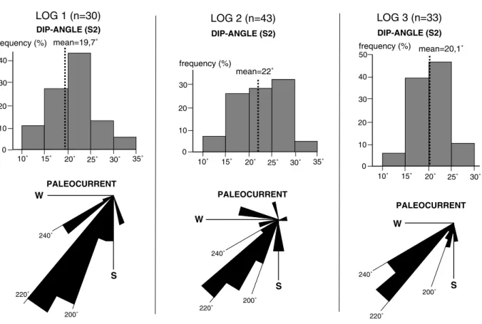 Fig. 6. Dip-angle and palaeocurrent data reconstructed from measurements on the S2 surfaces (facies D) along logs 1, 2 and 3.