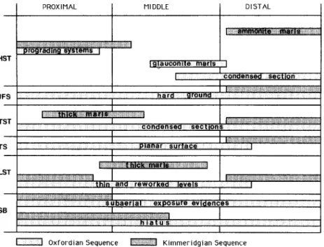 Fig.  7.  S u m m a r y   of  t h e   m a i n   f e a t u r e s   o b s e r v e d   in  the  s y s t e m s   t r a c t s   a n d   b o u n d i n g   surfaces  in  the  U p p e r   J u r a s s i c   c a r b o n a t e   r a m p s   ( I b e r i a n   C h a i 