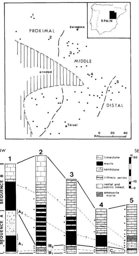 Fig.  1.  Locality  m a p   showing  the  studied  sections  and  the  distribution  of  the  proximal,  middle  a n d   distal  d o m a i n s   of  the  U p p e r   Jurassic  ramps