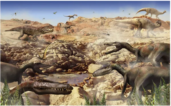 Fig. 5. A generalized reconstructed scene from the Late Triassic (Norian) of central Pangea, a dry and arid environment inhabited by the earliest dinosaurs and other archosaurs