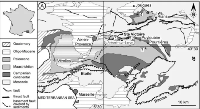 Figure  1  :  Location  map  and  schematic  geological  map  of  the  Aix-en-Provence  basin
