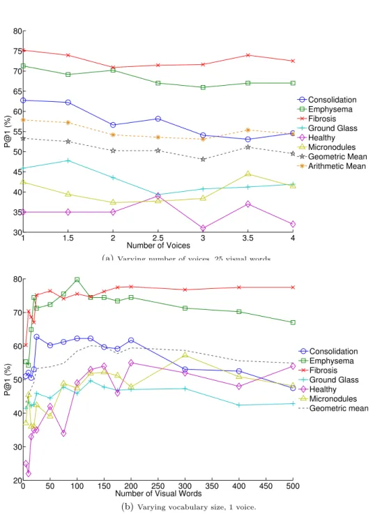 Fig. 4. P1 for a varying number of voices and visual words.