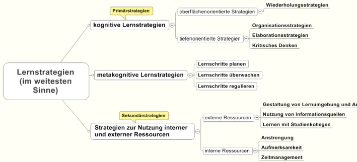 Abbildung 3: Übersicht einer Lernstrategieklassifikation nach Wild und Schiefele (2005)  Wie  man  auf  dem  Modell  erkennen  kann,  gibt  es  drei  Oberkategorien  (Kognitive  Strategien, Metakognitive Strategien, Ressourcenbezogene Strategien)