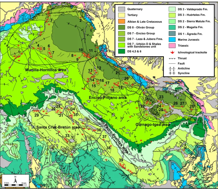 Fig. 3. Detailed geologic map of Eastern Cameros Sub-basin with the location of the dinosaur tracksites (grouped in different areas)