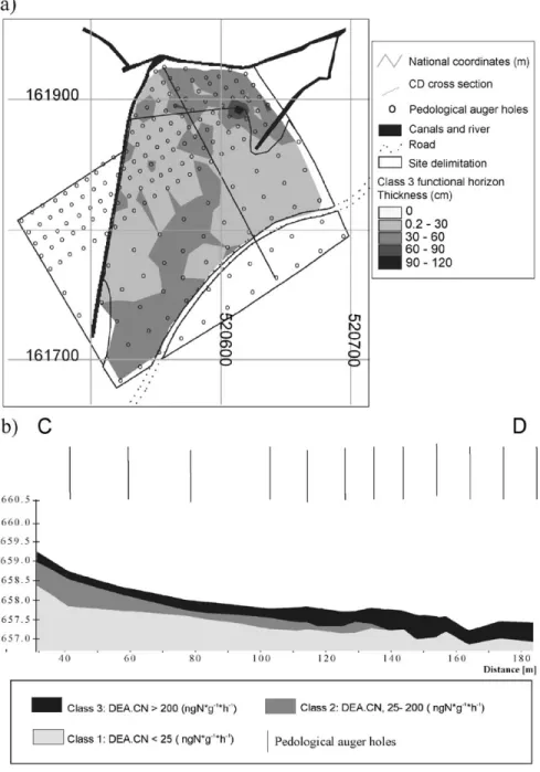 Fig. 7. (a) Thickness map of class 3 denitrifying functional horizons, location of the CD cross-section