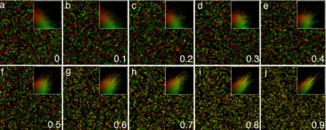 Figure 2 | Computer-simulated images with predefined values of colocalization demonstrating its gradual increase (from 0 to 0.9 according to the 0 to 1.0 scale) as indicated by respective scatter grams at the upper right corner showing pixels concentrating