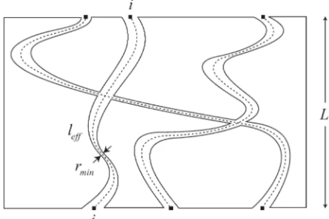 Figure 1. Schematic 2-D representation of the parameters characterizing a pore structure with three  inter-secting pore paths.