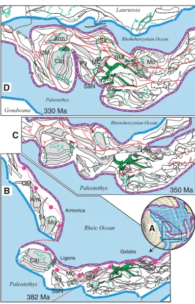 Figure 6. The possible evolution of the future Alpine basement areas in their Variscan  framework, from the Devonian to the Pennsylvanian, modiﬁ ed after Stampﬂ i et al